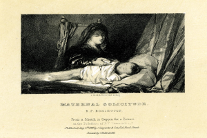 Eine Frau in einem weißen Kleid sitzt auf einem Bett und hält ein Baby nah an ihrer Brust, während beide einander friedlich anschauen, mit der Überschrift "Maternaler Solitude von R.P. Bonington" unten.