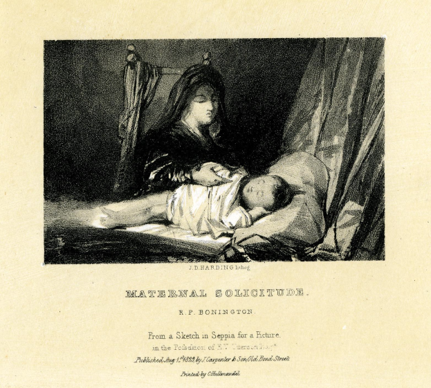 Eine Frau in einem weißen Kleid sitzt auf einem Bett und hält ein Baby nah an ihrer Brust, während beide einander friedlich anschauen, mit der Überschrift "Maternaler Solitude von R.P. Bonington" unten.