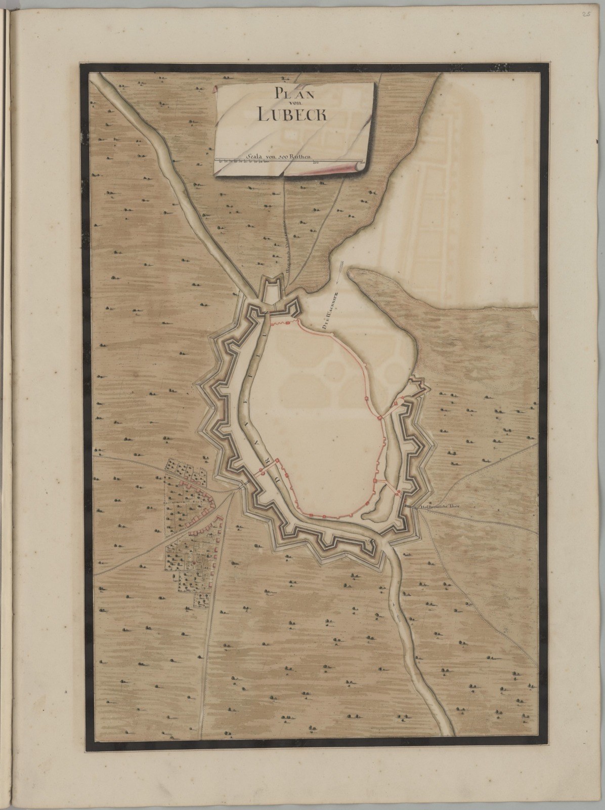 Altes Buch mit einer detaillierten historischen Karte von Lübeck, Deutschland, das Straßen, Gebäude und Sehenswürdigkeiten zeigt und von Texten über die Bevölkerung, Geschichte und Kultur der Stadt begleitet wird.