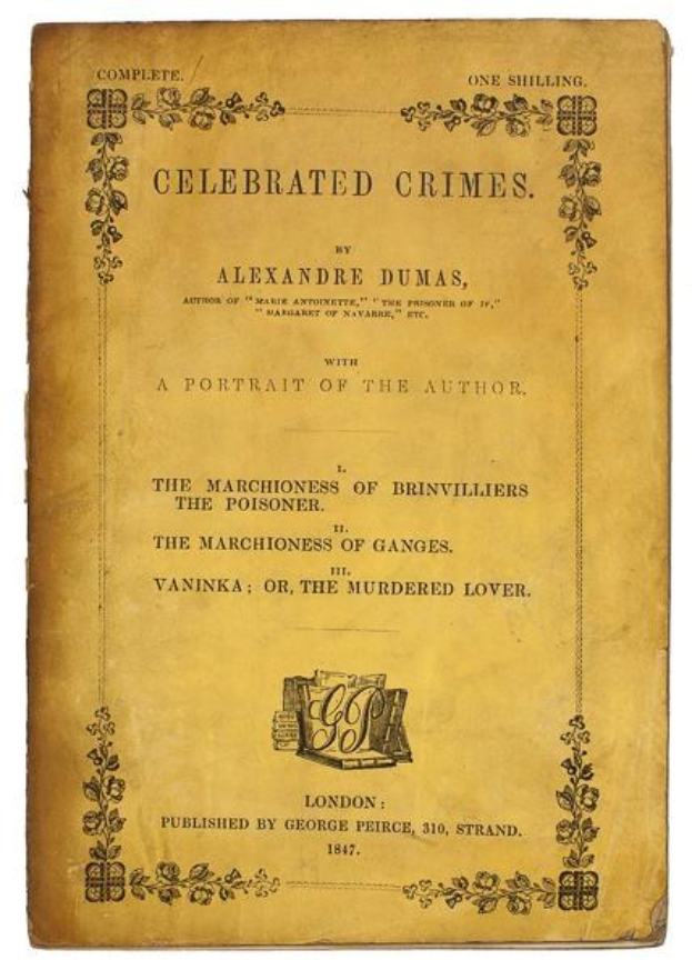 Ein altes Buch namens "Berühmte Verbrechen" von Alexandre Dumas mit einem Porträt des Autors und verzierten Texten auf dem Cover.
