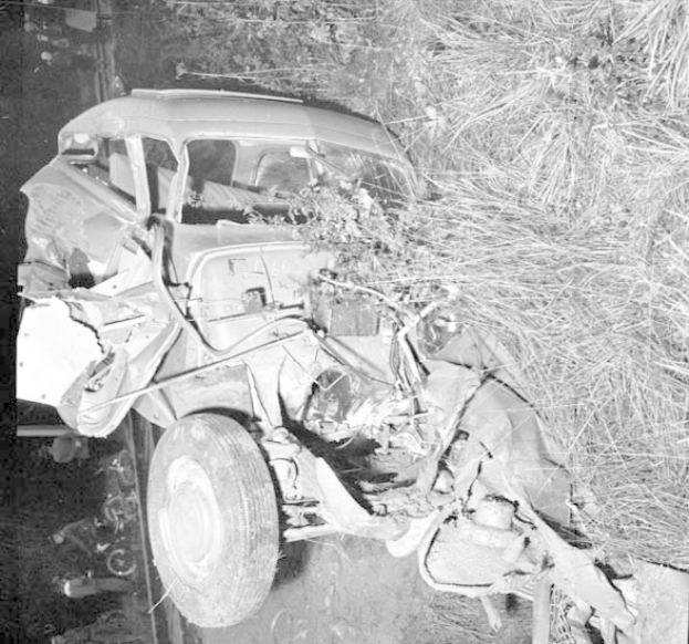 Stark beschädigter schwarzer Wagen mit eingedrückter Front und zersplitterten Fenstern am Straßenrand, mit einem Baum und verstreuter Trümmer im Hintergrund.