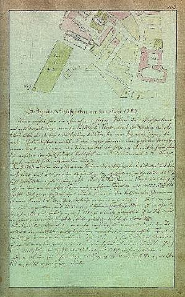 Eine detaillierte Karte einer Stadt von der ersten Seite eines deutschen Dokuments aus dem Jahr 1782, begleitet von dichtem Text auf altem Papier.