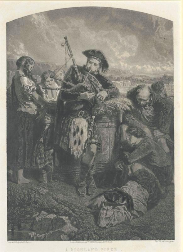 Schwarz-weiß-Gravur eines Mannes, der eine Dudelsack vor einer Gruppe von Menschen spielt, mit einem bewölkten Himmel im Hintergrund und dem Text "Ein Highland-Pfeife" unten.