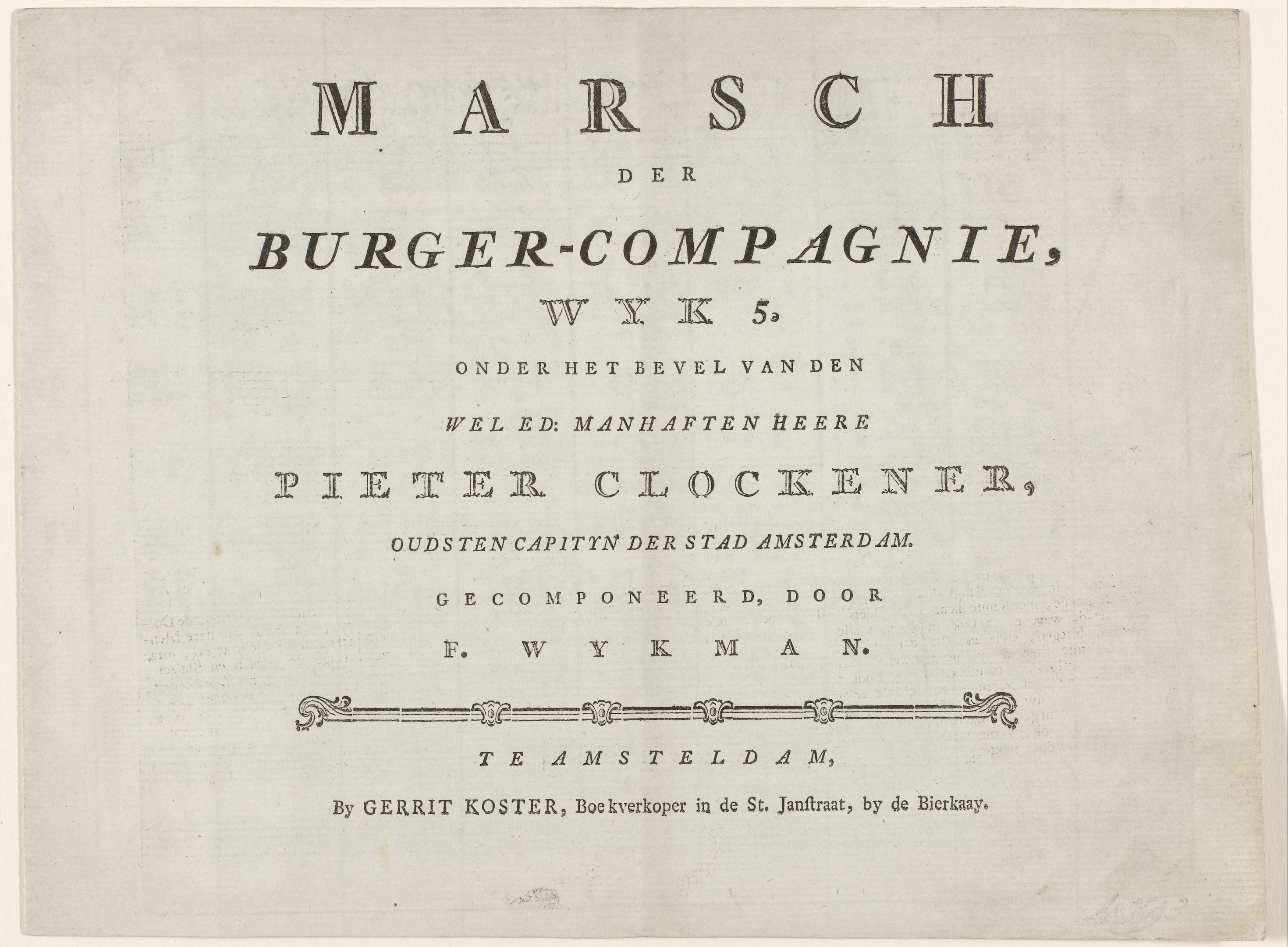 Papier mit handgeschriebenem Text "Marsch der Burger-Compagnie, WK 5" darauf.