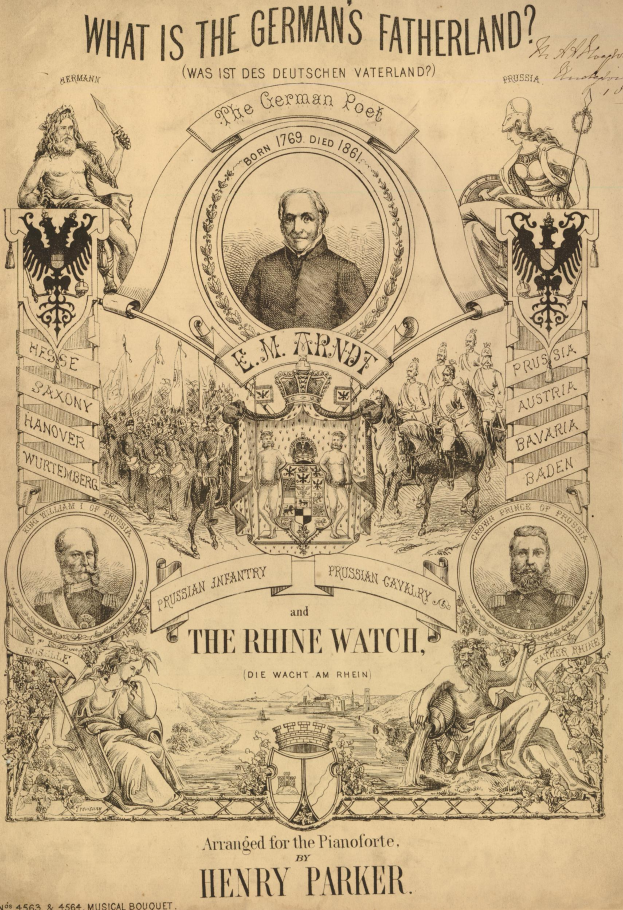 Eine Zeitung mit Bildern von Menschen und Text, der lautet: "Was ist das Vaterland der Deutschen? Die Rheinschau von Henry Parker."