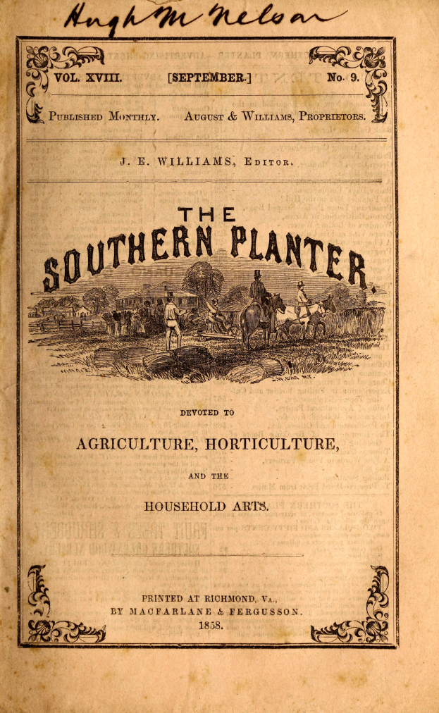 Ein altes Buch mit dem Titel "The Southern Planter" und einer Illustration von landwirtschaftlichen Landschaften und Haushaltsszenen auf dem Cover.