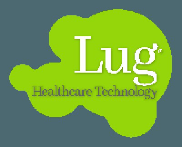 Logo von Lug Healthcare Technology mit fettem schwarzem Text in der Mitte eines weißen Hintergrunds, umgeben von einem blauen Kreis mit weißer Umrandung.