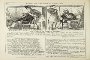 Schwarze und weiße Illustration eines Mannes in einem Anzug, der in einem Stuhl sitzt und einen ernsten Gesichtsausdruck hat, und einer Frau, die neben ihm steht und nachdenklich aussieht, aus einem alten Buch mit dem Titel "Die Macht der öffentlichen Meinung".