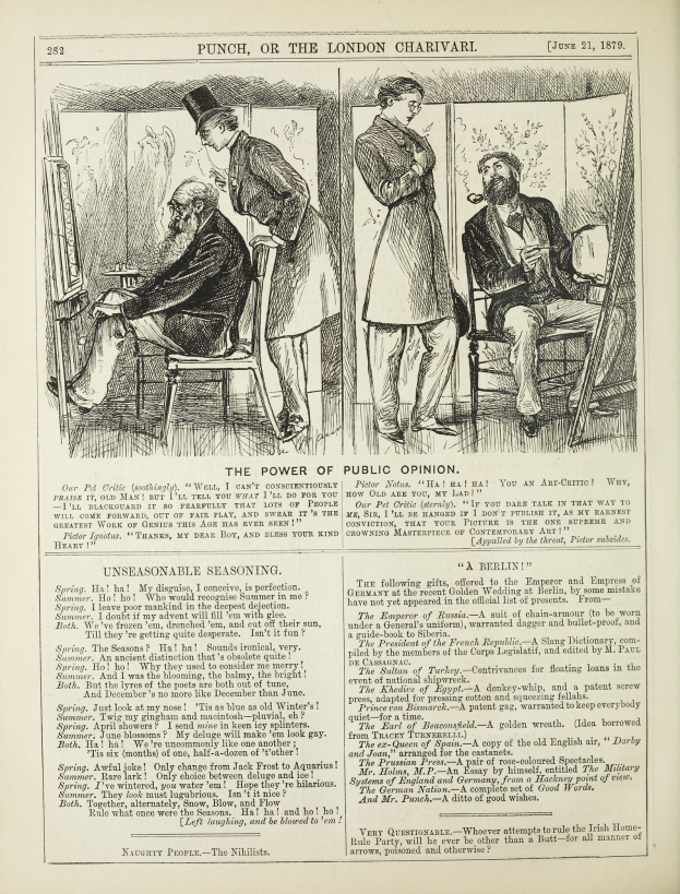 Schwarze und weiße Illustration eines Mannes in einem Anzug, der in einem Stuhl sitzt und einen ernsten Gesichtsausdruck hat, und einer Frau, die neben ihm steht und nachdenklich aussieht, aus einem alten Buch mit dem Titel "Die Macht der öffentlichen Meinung".