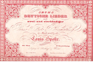Deutsches Aktienzertifikat mit dem Titel 'Louis Spohr - Zweites Deutsches Lieder' mit rotem Rand und weißem Hintergrund.