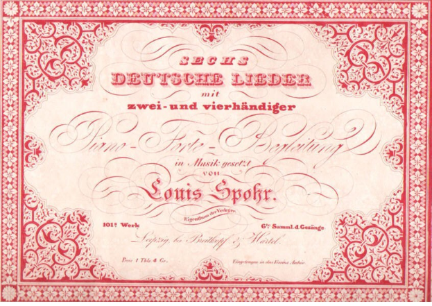 Deutsches Aktienzertifikat mit dem Titel 'Louis Spohr - Zweites Deutsches Lieder' mit rotem Rand und weißem Hintergrund.