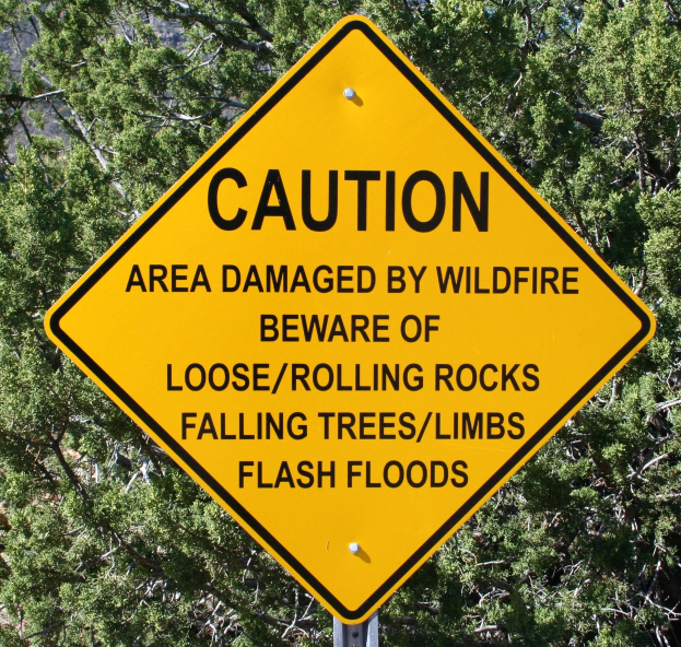 Gelbes Warnschild an einem Pfahl im Vordergrund warnt vor Wildfire-Schäden, lockeren Steinen, umstürzenden Bäumen und Überschwemmungen, mit Bäumen im Hintergrund.