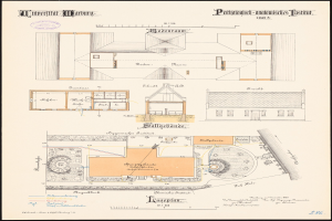 Schwarz-weißer architektonischer Grundriss eines großen Gebäudes mit zahlreichen Räumen und einem zentralen Innenhof, beschriftet als Universität Hamburg, mit handschriftlichen Textanmerkungen.
