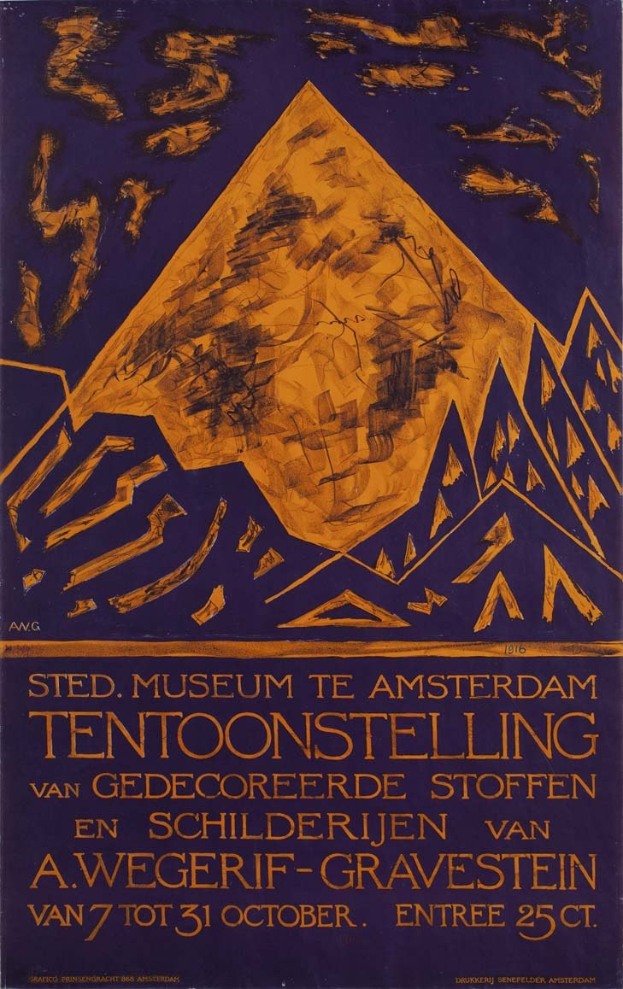Plakat für ein Museum in Amsterdam, Niederlande, mit einem Bild einer Ausstellung und Textinformationen über das Museum.