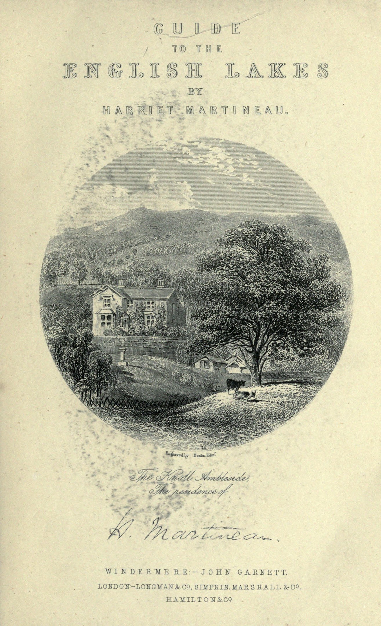 Altes Buch mit dem Titel "Führer durch die englischen Seen von Harriet Martineau" mit einer Illustration eines Hauses umgeben von Bäumen und Hügeln.