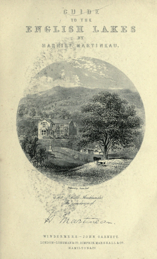 Altes Buch mit dem Titel "Führer durch die englischen Seen von Harriet Martineau" mit einer Illustration eines Hauses umgeben von Bäumen und Hügeln.