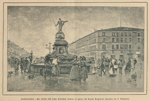 Ein Schwarz-Wei�-Foto eines Brunnen mit einer Statue auf dem Dach in einem Stadtplatz, umgeben von Menschen und Gebäuden im Hintergrund; Text erscheint unten.