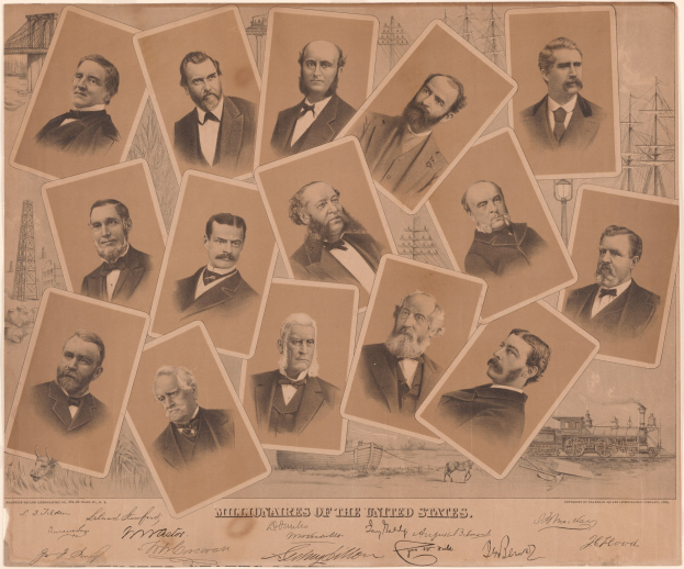 Eine Gruppe von Männern in Anzügen und Krawatten verschiedenen Alters mit der Schrift "Millionäre der Vereinigten Staaten" in fetter schwarzer Schrift unten auf einem hellblauen Hintergrund.