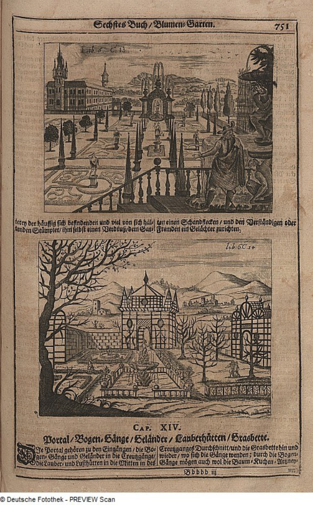 Ein aufgeschlagenes Buch mit einer detaillierten Zeichnung einer Stadtansicht sowie begleitendem Text und Bildern.