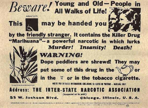 Alte Zeitungsannonce für die Inter-State Narcotic Association mit einem Bild eines Mannes und einer Frau und dem Text "Vorsicht, jung und alt in allen Lebensbereichen"