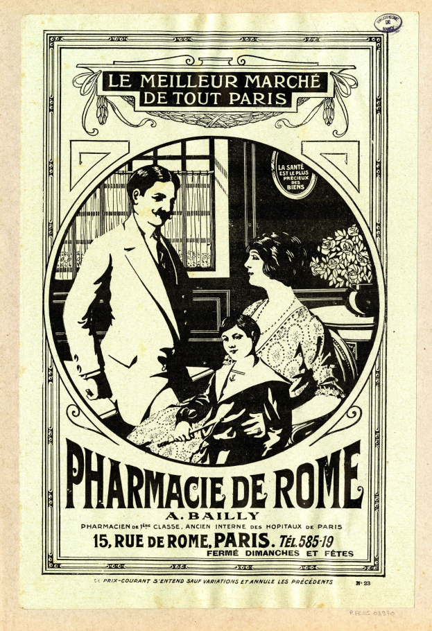 Schwarz-weißer Werbeplakat für eine Apotheke in Rom, das einen Mann und eine Frau Seite an Seite zeigt, mit Text, der die Dienstleistungen beschreibt.