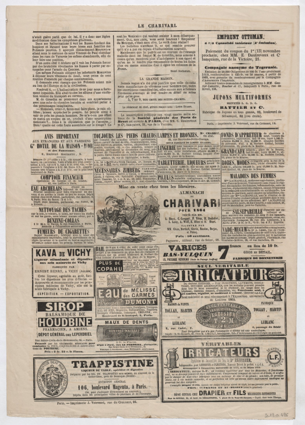 Schwarze Zeitungsseite mit mehreren Anzeigen mit Text und Bildern.