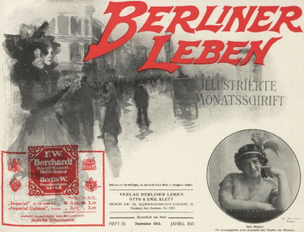 Eine Frau in einem Hut und ein Mann in einem Anzug sind auf einem Plakat für den Berliner Leben-Film zu sehen, mit Text, einem Stempel, ein paar Menschen und einem Gebäude im Hintergrund.
