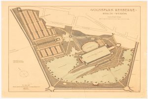 Detailierte alte Karte von Berlin, Deutschland, mit Fokus auf Volkspark Rehberg mit Gebäuden, Straßen und Parkmerkmalen.