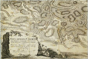 Alte Karte von London, England, mit Textdetails zu Standorten und einer Tabelle der Route zwischen Dresden und Freiburg im Hintergrund.