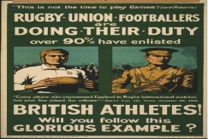 Plakat mit zwei Rugbyspielern in Militäruniform mit Text über britische Athleten, die ihren Dienst versehen.