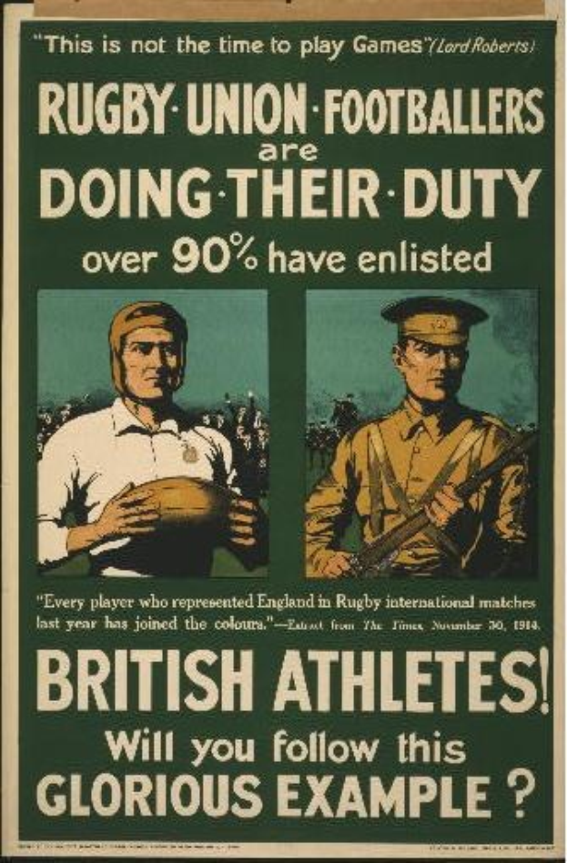 Plakat mit zwei Rugbyspielern in Militäruniform mit Text über britische Athleten, die ihren Dienst versehen.