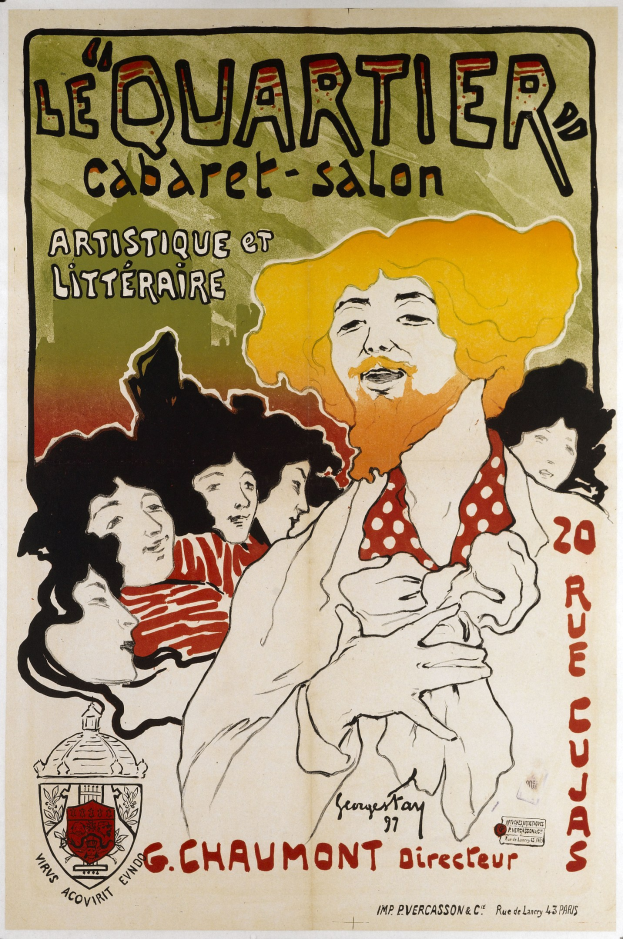 Plakat für das Quartier Cabaret Salon in Paris, Frankreich, mit einer Gruppe von Menschen in der Mitte und fetter Schrift sowie einem dekorativen Rahmen in einem ged├Ąmpften Blau-, Grün- und Gelbt ├ä.