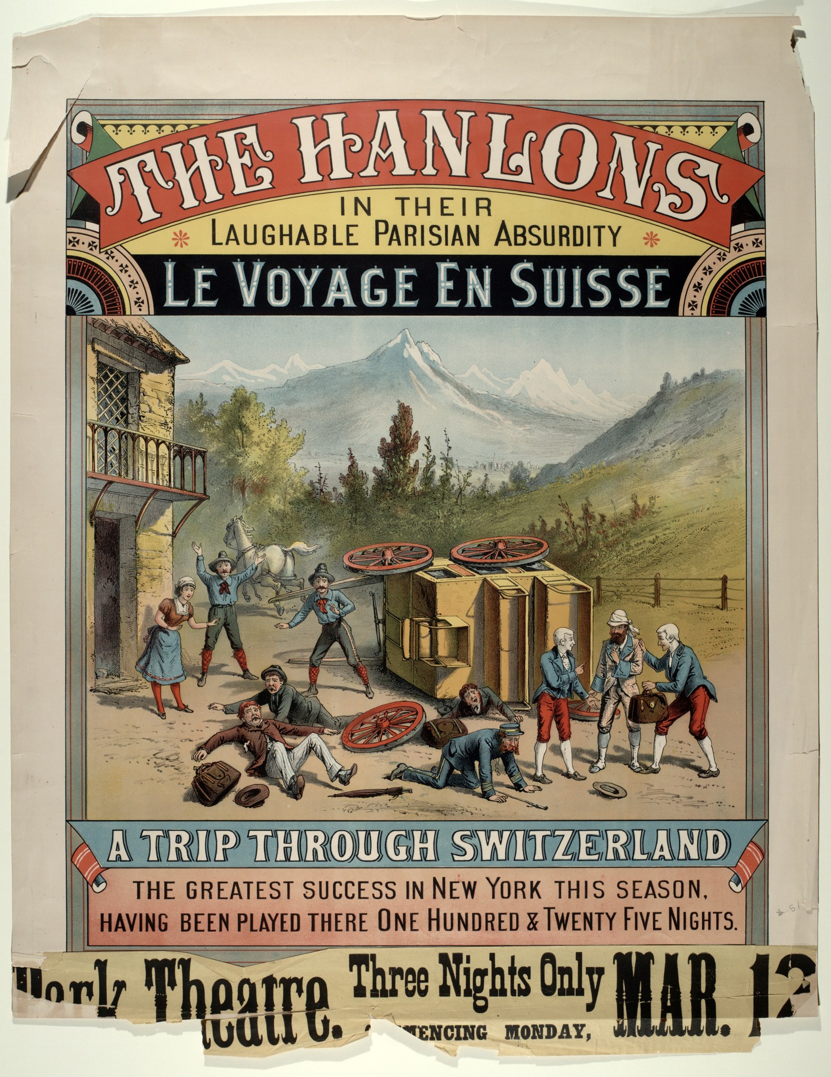 Plakat, das "Hanlons in ihrer lachhaften Pariser Absurdität Le Voyage en Suisse" ankündigt, zeigt eine Gruppe von Menschen, ein Gebäude, Bäume, Hügel und Himmel mit Text.