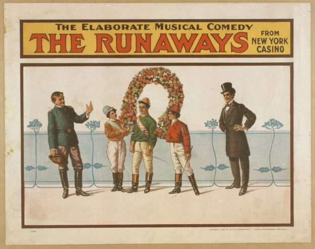 Plakat für "Elaborate Musical Comedy Runaways from New York Casino" mit einer Gruppe von Menschen in einer Reihe, einer Person mit einem Blumenstrauß und Textbeschreibung der Komödie.