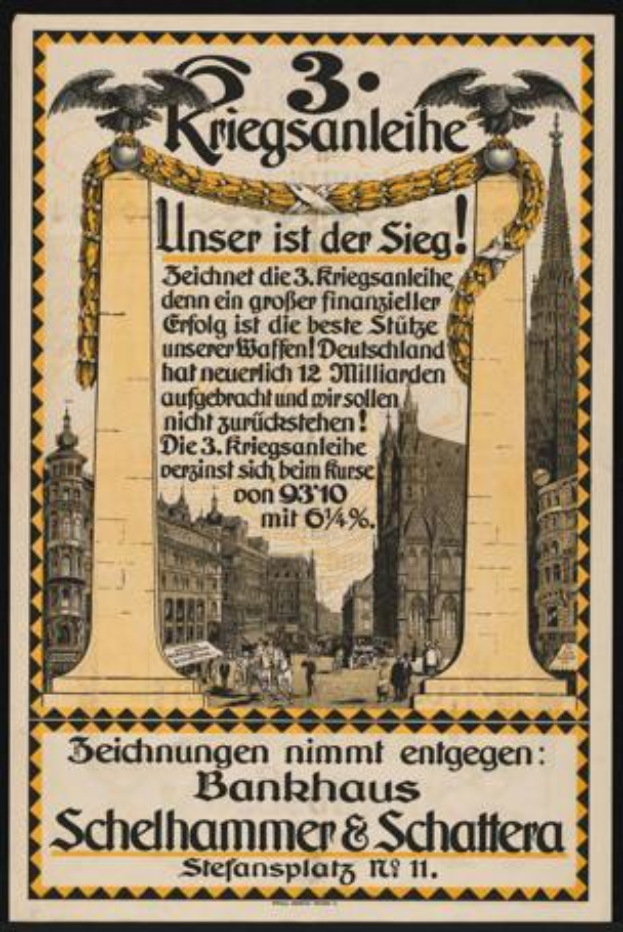 Ein gerahmtes altes deutsches Propagandaplakat mit einer Stadtansicht mit Gebäuden, Menschen und Text, der die 3. Reichsbanleihe bewirbt.