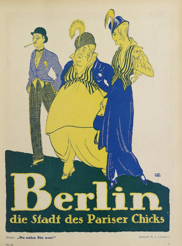 Plakat für ein Berliner Konzert mit dem Titel "Berlin - Die Stadt des Pariser Chicks", das eine Gruppe von Menschen in bunter Kleidung vor einem Gebäude zeigt, die fröhlich sind.