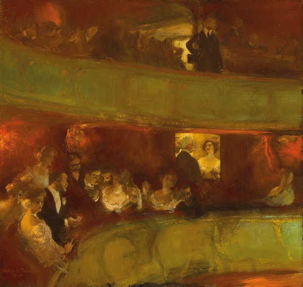 Ein Gemälde einer vielseitigen Gruppe von Menschen in einem hell erleuchteten Theater, einige stehen, einige sitzen, alle in feierlicher Kleidung, die eine lebendige und einladende Atmosphäre schaffen.