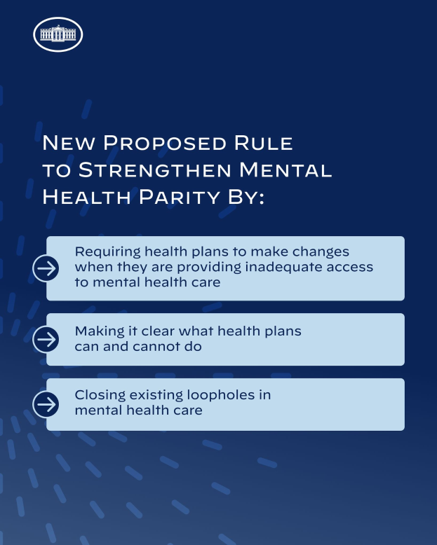 Ein blauer Hintergrund mit weißer Schrift und einem weißen Kreis-Logo mit einer blauen Umrandung, das eine neue Regelung zur Stärkung der psychischen Gesundheit umrandet.