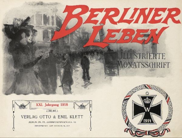 Titelbild eines alten Buches namens "Berliner Leben" mit einer Gruppe von Menschen in einer feierlichen Szene und einem militärisch anmutenden Logo.