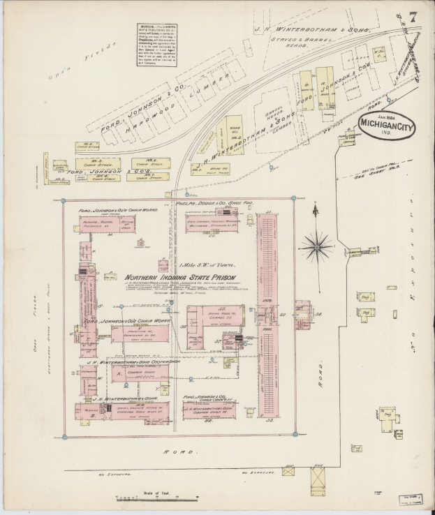 Alte Karte von Detroit, Michigan, mit hervorgehobener nördlicher Indiana State Prison auf Papier gedruckt.