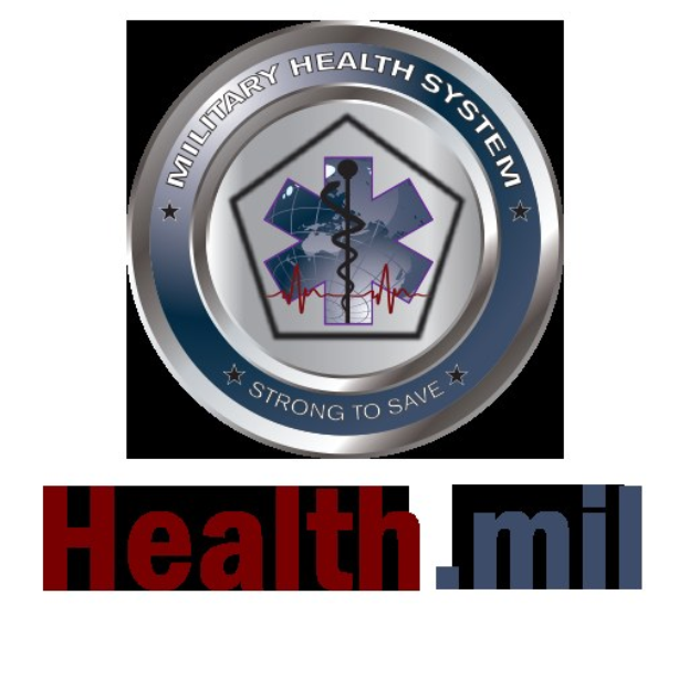 Blauer Kreis mit einem weißen Stern in der Mitte, weißer Umrandung und fetter schwarzer Schrift "Health.mil", die ein Logo des Militärgesundheitssystems anzeigt.