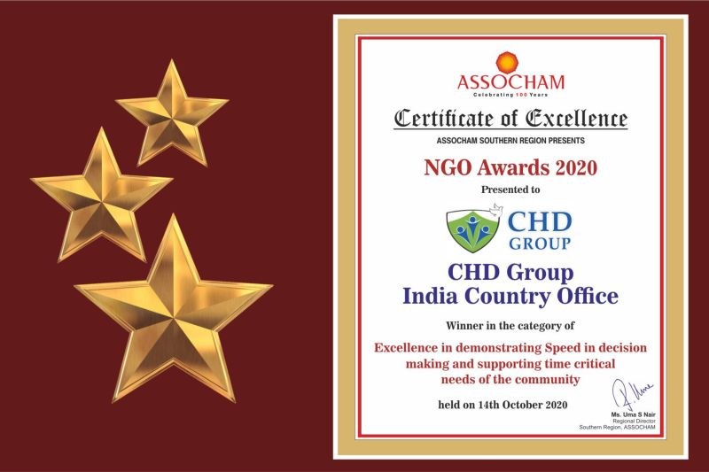 Auszeichnung 'Certificate of Excellence' für die NGO Awards 2020 an Chd Group India Country Office verliehen, mit einem Schild-Logo mit einem zentralen Stern und einem Lorbeerkranz.