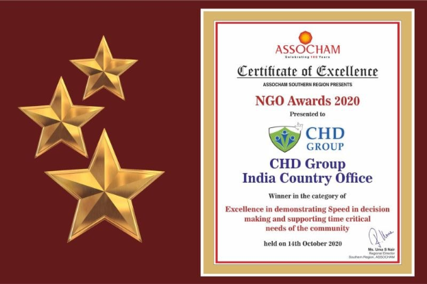 Auszeichnung 'Certificate of Excellence' für die NGO Awards 2020 an Chd Group India Country Office verliehen, mit einem Schild-Logo mit einem zentralen Stern und einem Lorbeerkranz.