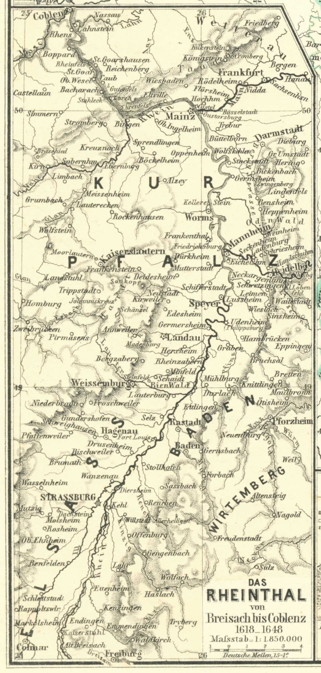 Alte detaillierte Karte des Rheins in Deutschland mit Text oben und unten, die Flüsse, Städte und geografische Merkmale zeigt.