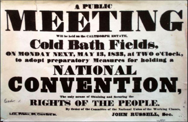 Schwarzes und weißes Plakat, das eine öffentliche Versammlung mit dem Titel "Rechte des Volkes" auf den Cold Bath Fields ankündigt.