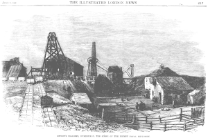 Eine Schwarz-Weiß-Radierung eines Kohlebergwerks in London, England, mit der Beschriftung "Ashley's Colliery, Derbyshire, der Schauplatz des jüngsten tödlichen Explosionsunfalls".