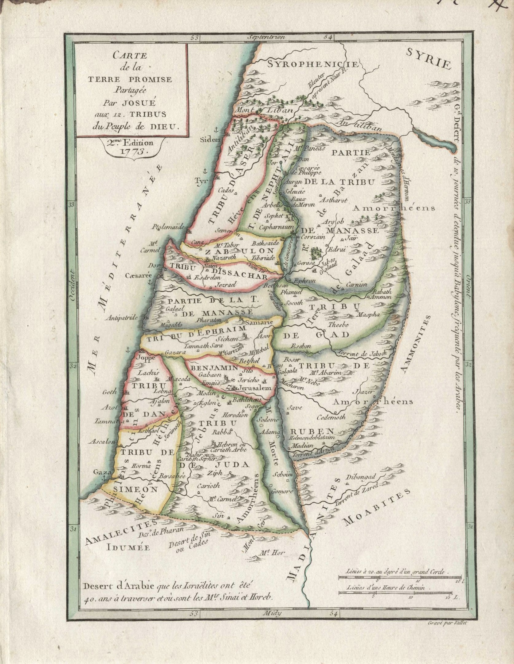 Ein altes Buch mit einer detaillierten Karte des Nahen Ostens und Israels, mit Texten, die geografische Informationen über Städte, Dörfer und Regionen liefern.