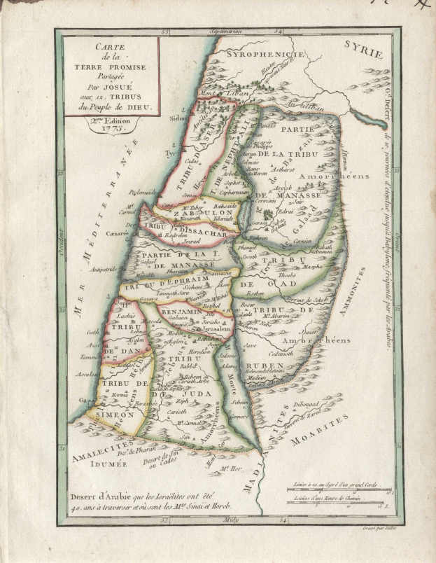 Ein altes Buch mit einer detaillierten Karte des Nahen Ostens und Israels, mit Texten, die geografische Informationen über Städte, Dörfer und Regionen liefern.
