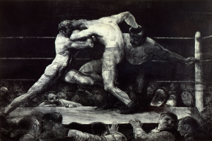 Zwei Boxer im Ring, die aufeinander einschlagen, während eine jubelnde Menge zuschaut.