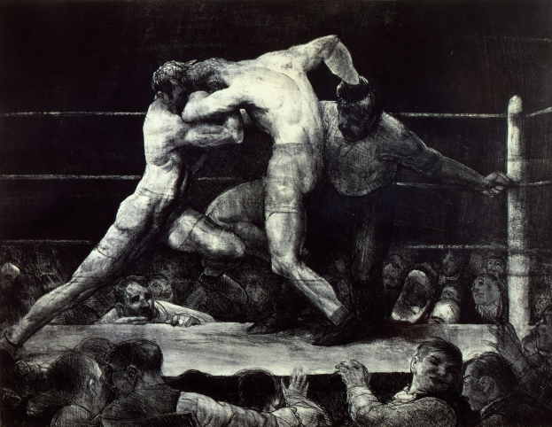 Zwei Boxer im Ring, die aufeinander einschlagen, während eine jubelnde Menge zuschaut.